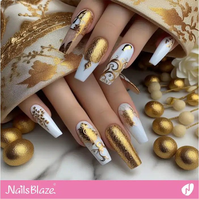 White and Gold Foil Chinese New Year's Nails | 2024 Nails - NB3725